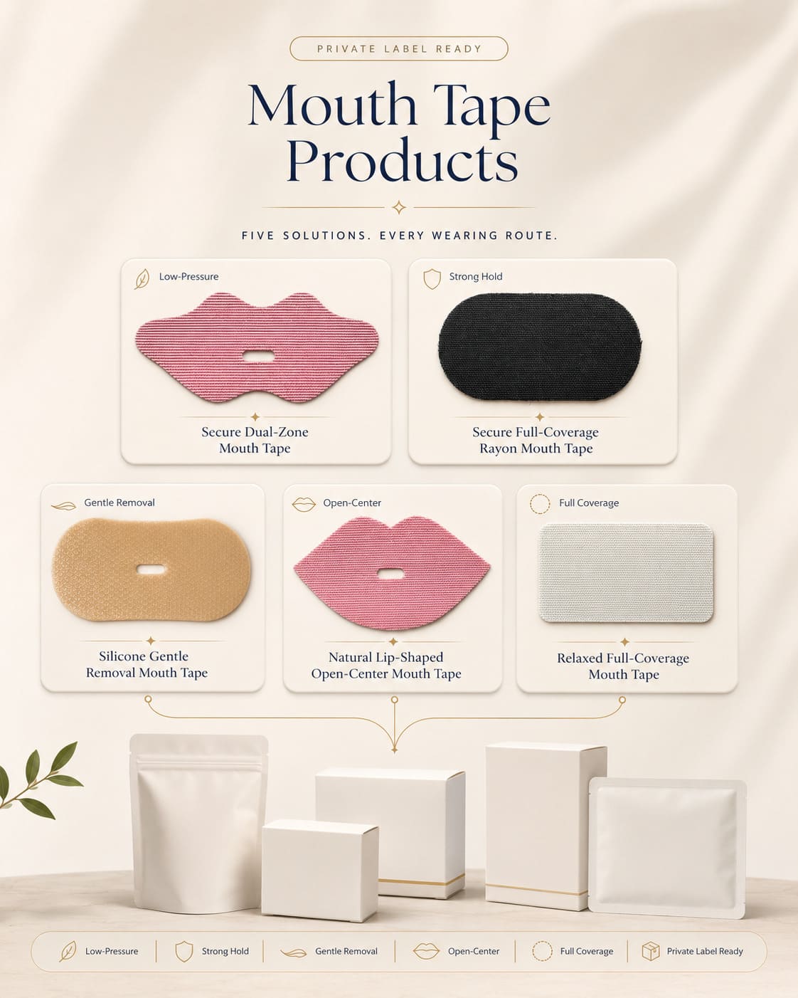 Mouth tape products hero image showing five private label mouth tape product types across low-pressure, strong hold, gentle removal, open-center, and full-coverage routes