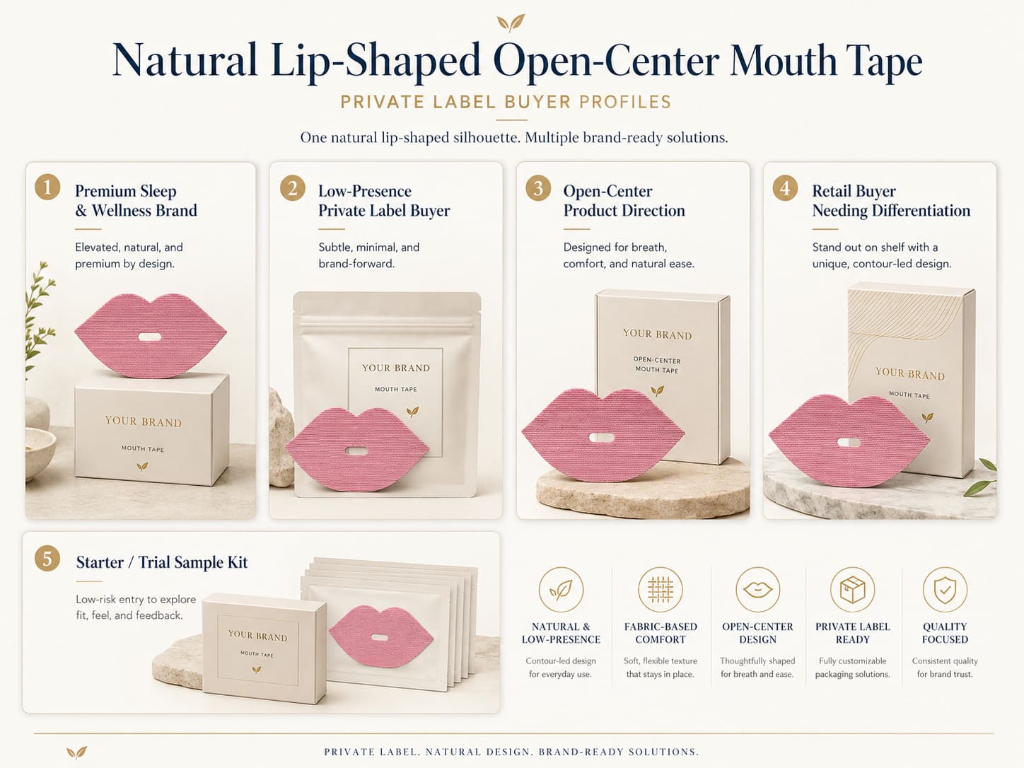 Natural lip-shaped open-center mouth tape buyer profiles including premium sleep wellness brands, low-presence private label buyers, open-center product lines, retail differentiation, and starter sample kits
