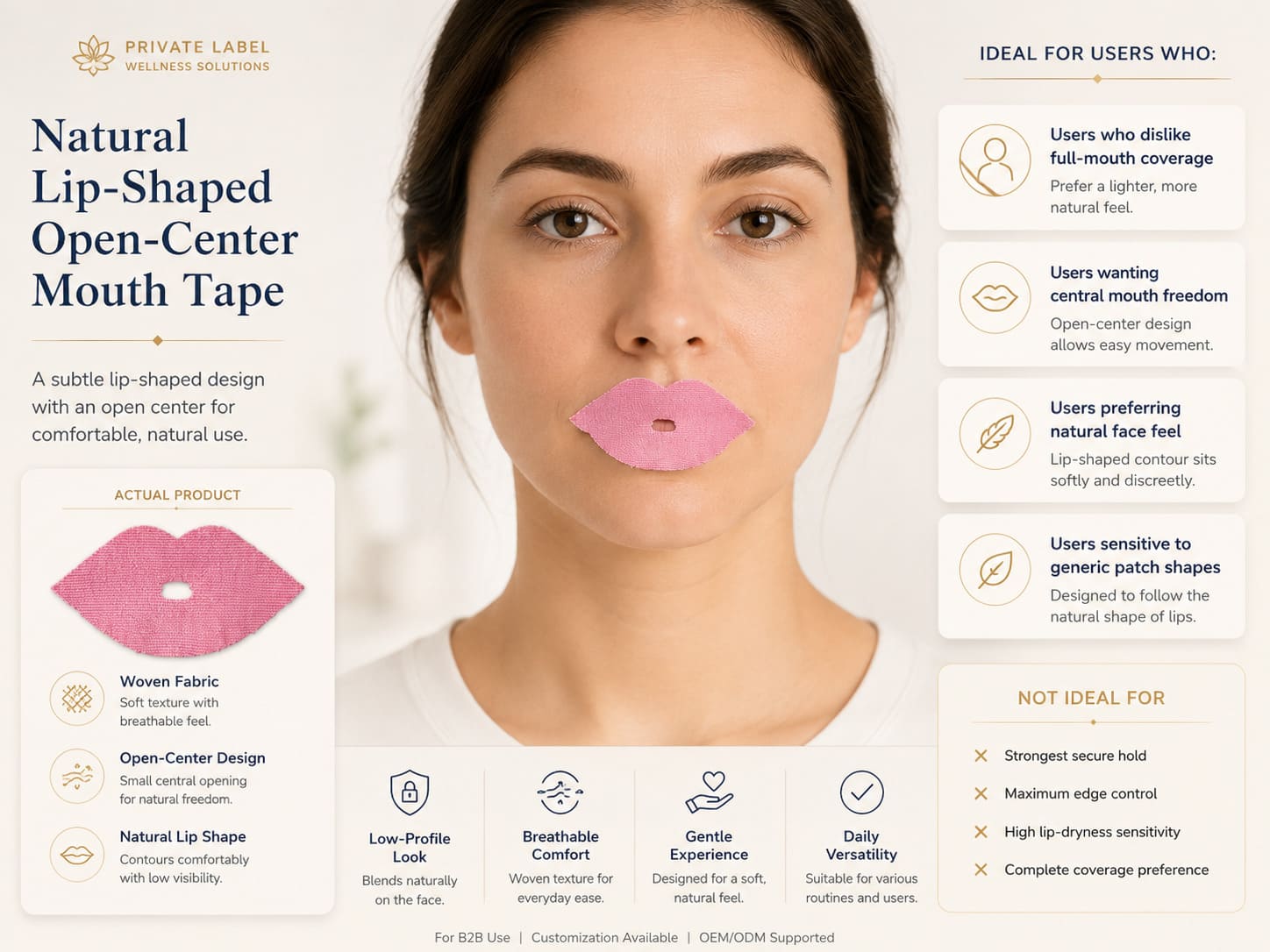 Best-fit end users for natural lip-shaped open-center mouth tape including users who dislike full-mouth coverage, want central freedom, prefer natural face feel, and are sensitive to generic patch shapes