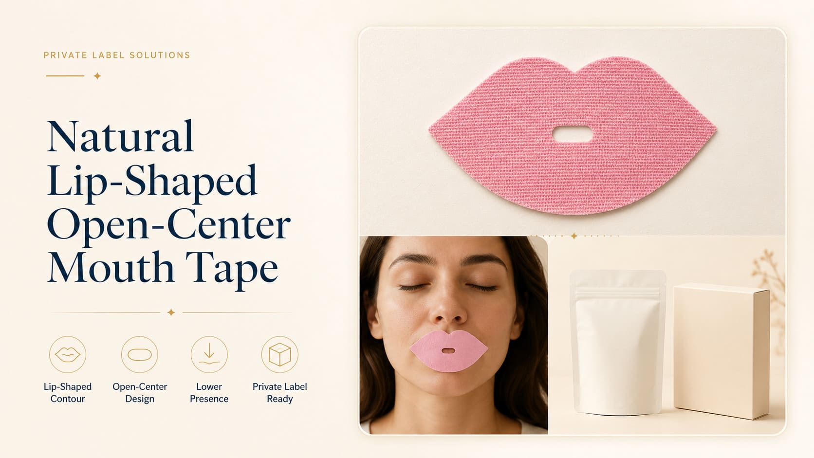 Natural lip-shaped open-center mouth tape for private label buyers showing lip-shaped contour, open-center design, lower presence, and private label packaging