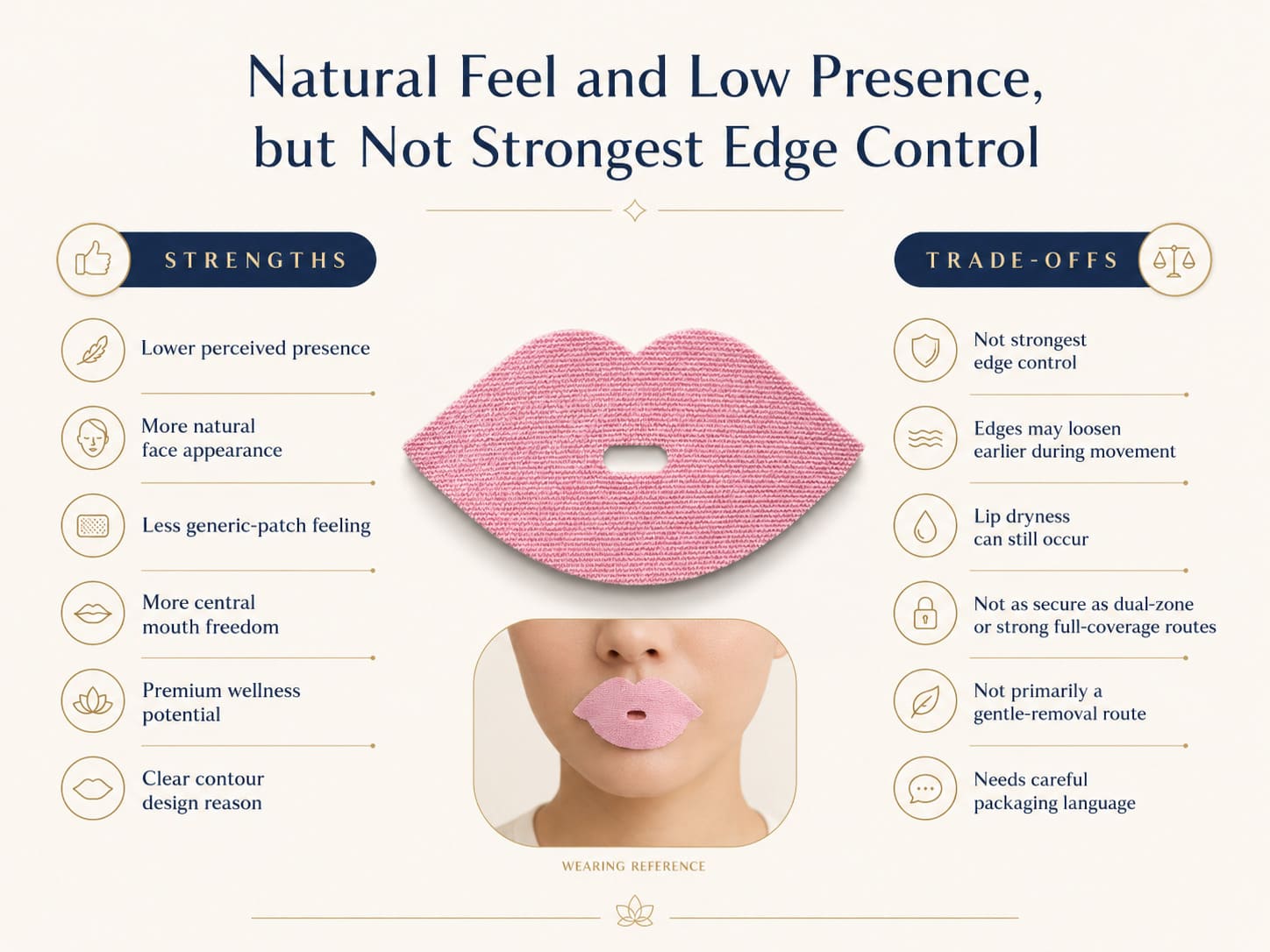 Natural lip-shaped open-center mouth tape trade-off infographic showing lower perceived presence, natural face appearance, central mouth freedom, softer edge control, and possible lip dryness