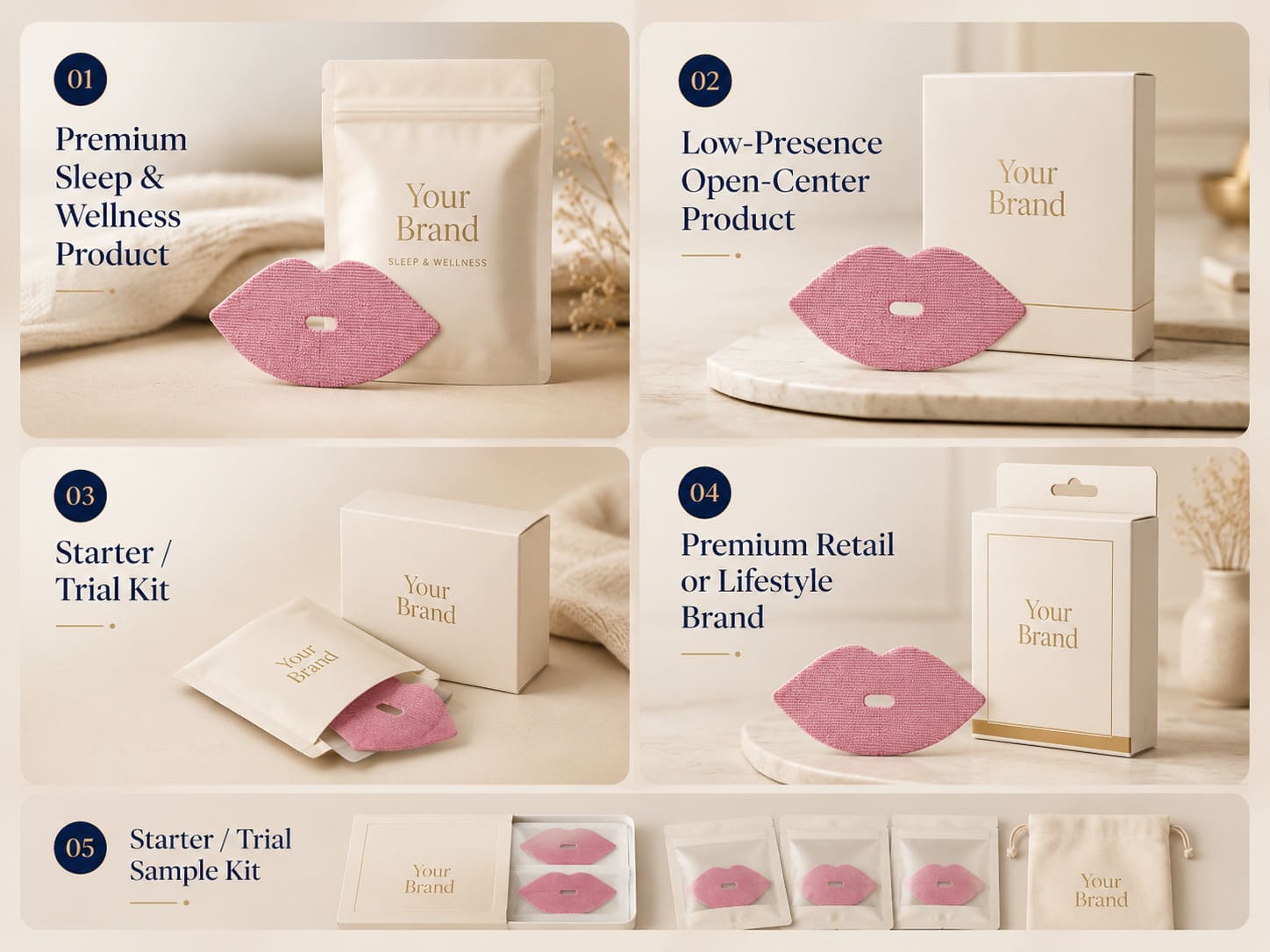 Private label use cases for natural lip-shaped open-center mouth tape including premium sleep wellness products, low-presence open-center products, starter kits, retail brands, and sample kits