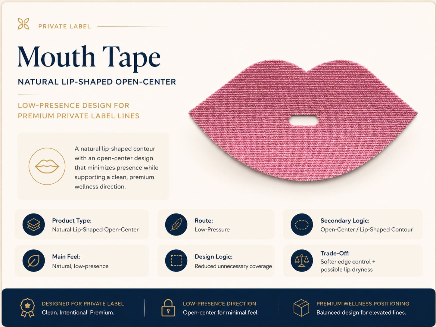 Natural lip-shaped open-center mouth tape product snapshot showing low-pressure route, open-center design, lip-shaped contour, lower presence, and premium wellness positioning