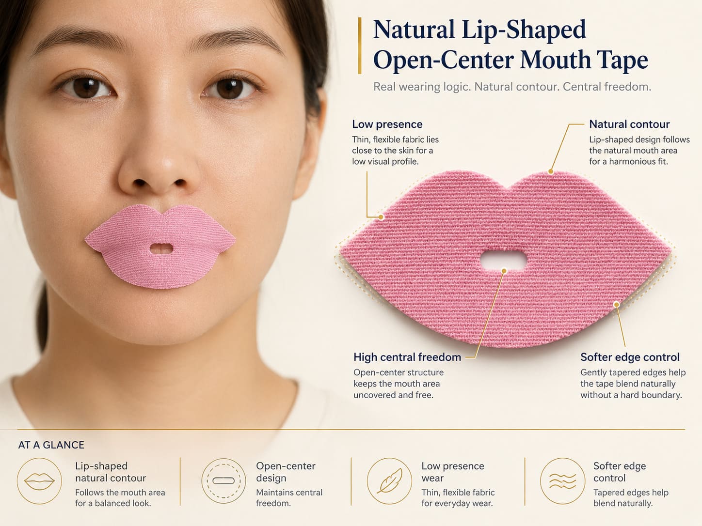 Natural lip-shaped open-center mouth tape wearing logic showing low presence, natural contour, high central freedom, and softer edge control