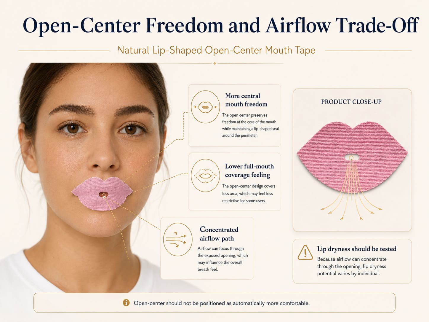 Natural lip-shaped open-center mouth tape showing central mouth freedom, open-center airflow path, concentrated airflow trade-off, and possible lip dryness