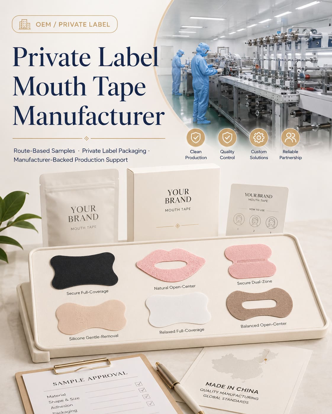 Private label mouth tape manufacturer overview showing OEM sample selection, custom packaging, production support, and route-based mouth tape supply