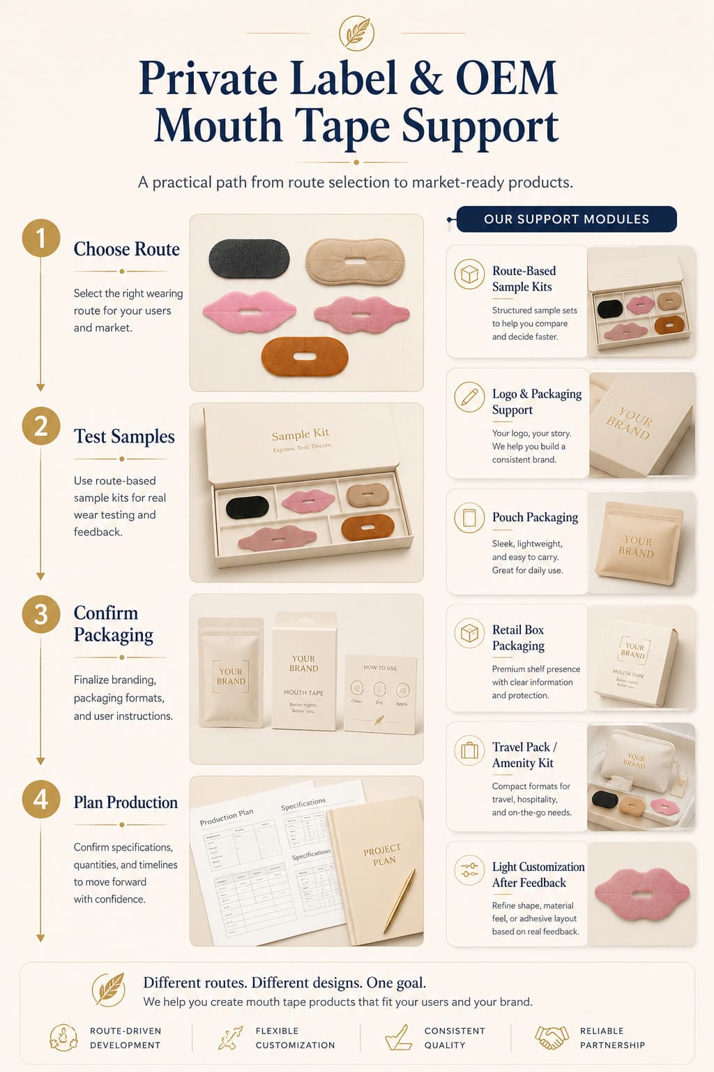 Private label and OEM mouth tape support process showing route selection, sample testing, packaging confirmation, production planning, sample kits, pouch packaging, retail boxes, and light customization