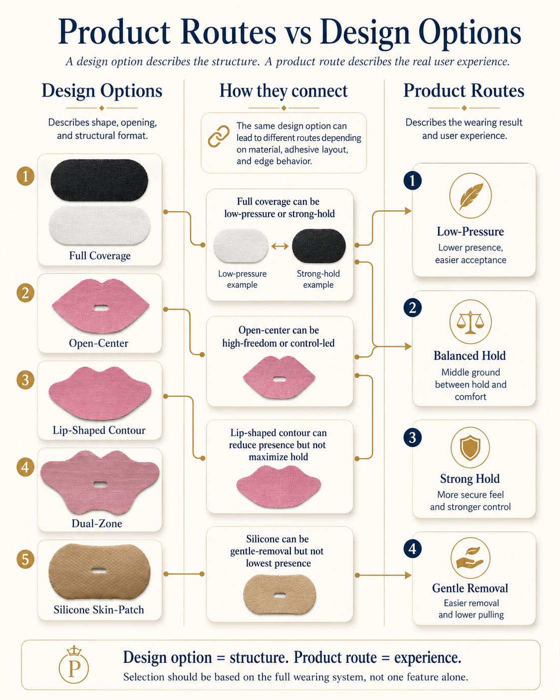 Mouth tape product routes versus design options infographic explaining how structure, full coverage, open-center, lip-shaped contour, dual-zone, and silicone skin-patch designs connect to real wearing experience