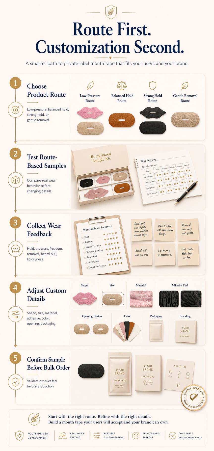Route first, customization second process for private label mouth tape, from choosing product route and testing samples to collecting feedback, adjusting details, and confirming samples before bulk order
