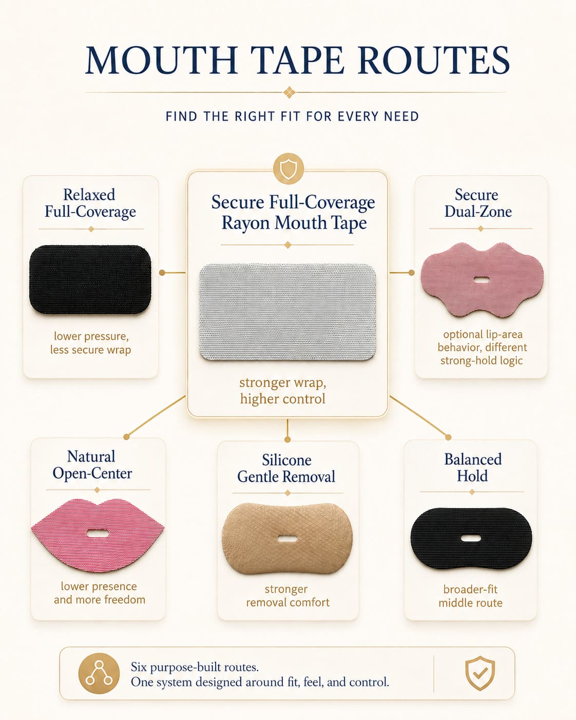 Secure full-coverage rayon mouth tape compared with relaxed full-coverage, secure dual-zone, natural open-center, silicone gentle removal, and balanced hold routes