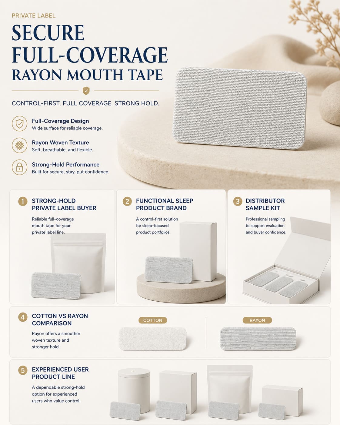 Secure full-coverage rayon mouth tape buyer profiles including strong-hold private label buyers, functional sleep brands, distributor sample kits, cotton versus rayon comparison, and experienced user product lines