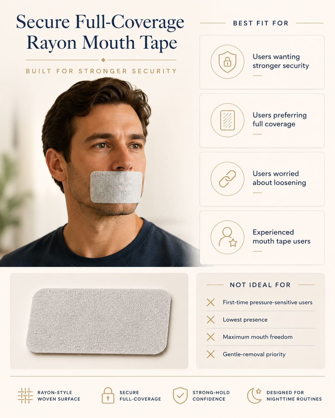 Best-fit end users for secure full-coverage rayon mouth tape including users wanting stronger security, full coverage, less loosening, and experienced mouth tape users