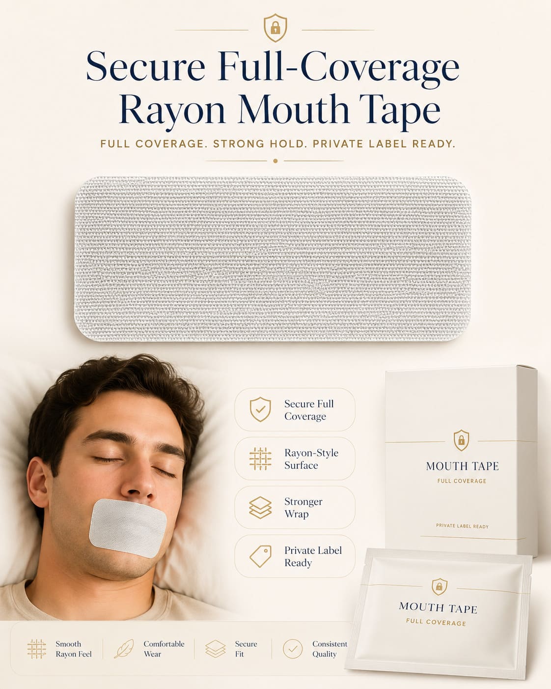 Secure full-coverage rayon mouth tape for private label buyers showing full coverage, rayon-style surface, stronger wrap, and private label packaging