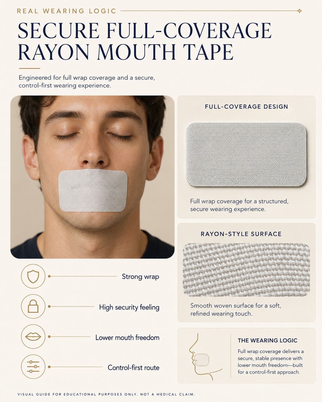 Secure full-coverage rayon mouth tape wearing logic showing strong wrap, high security feeling, lower mouth freedom, control-first route, and rayon-style surface texture