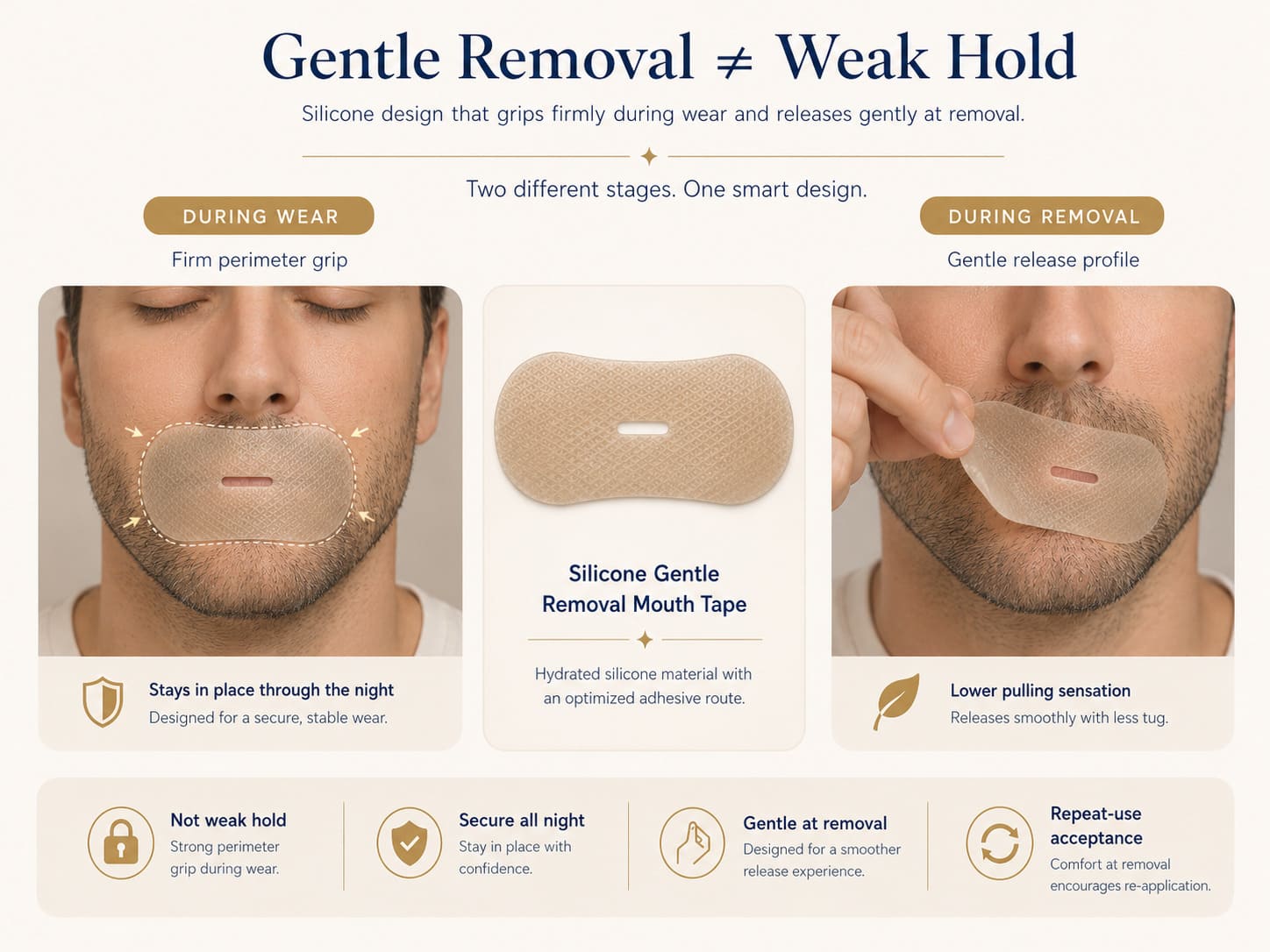 Silicone gentle removal mouth tape showing firm perimeter grip during wear and gentle release during removal