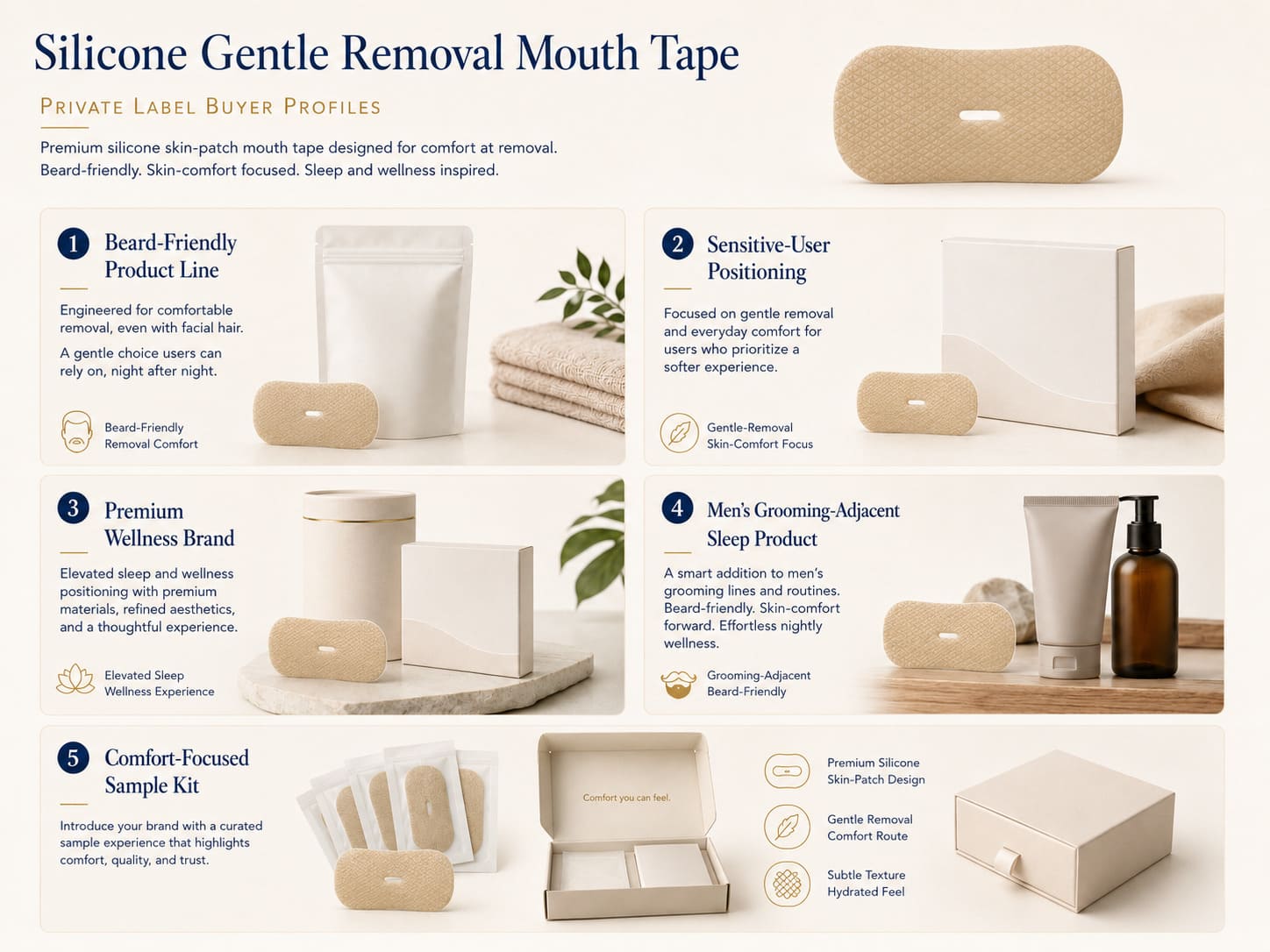 Silicone gentle removal mouth tape buyer profiles including beard-friendly product lines, sensitive-user positioning, premium wellness brands, grooming-adjacent sleep products, and comfort-focused sample kits