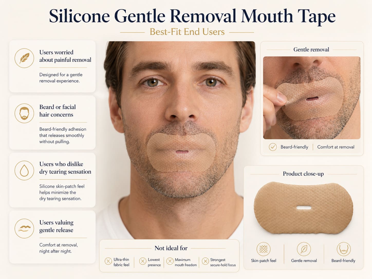 Best-fit end users for silicone gentle removal mouth tape including users worried about painful removal, beard concerns, dry tearing sensation, and gentle release