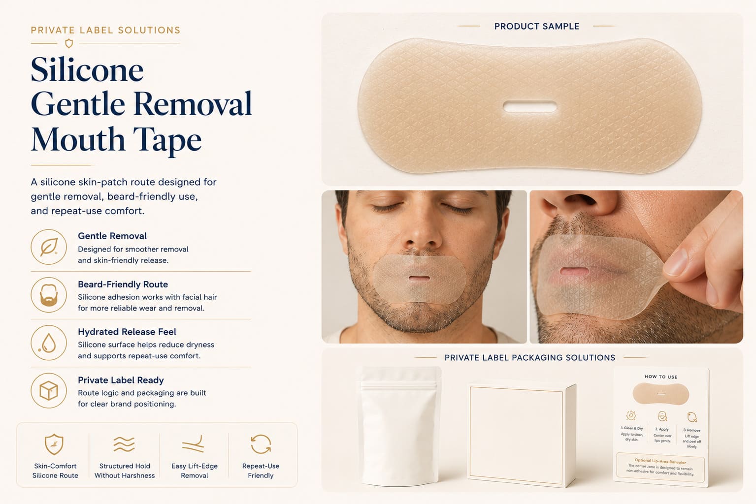 Silicone gentle removal mouth tape for private label buyers showing gentle removal, beard-friendly use, hydrated release feel, and private label packaging
