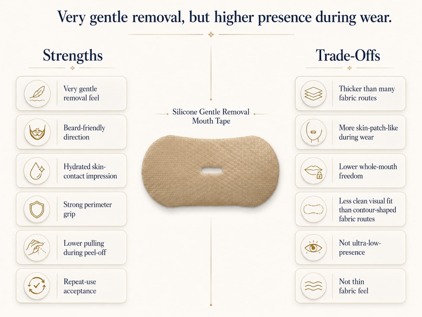 Silicone gentle removal mouth tape trade-off infographic showing very gentle removal, beard-friendly direction, hydrated skin-contact feel, and higher presence during wear