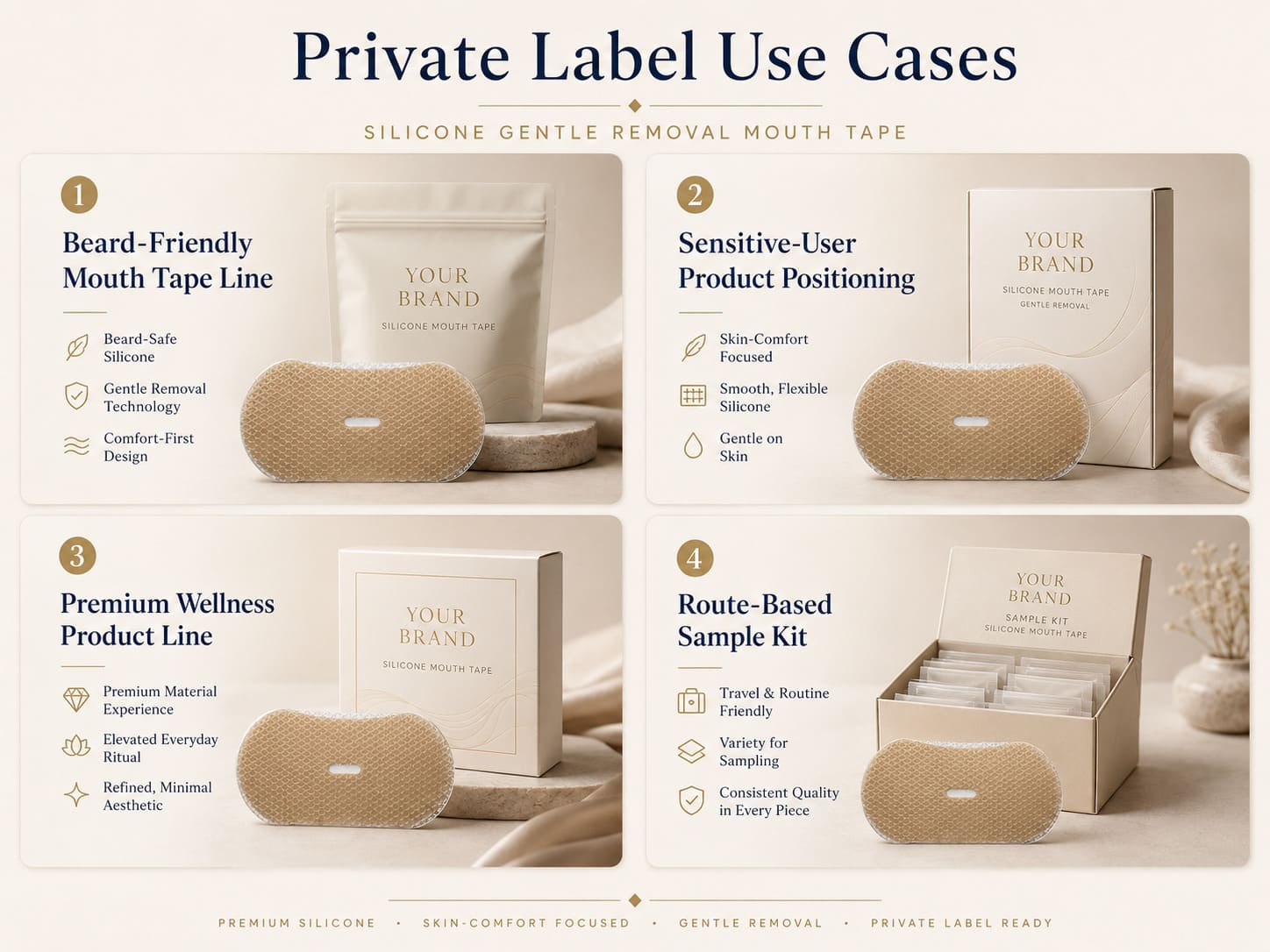 Private label use cases for silicone gentle removal mouth tape including beard-friendly mouth tape lines, sensitive-user positioning, premium wellness products, and route-based sample kits
