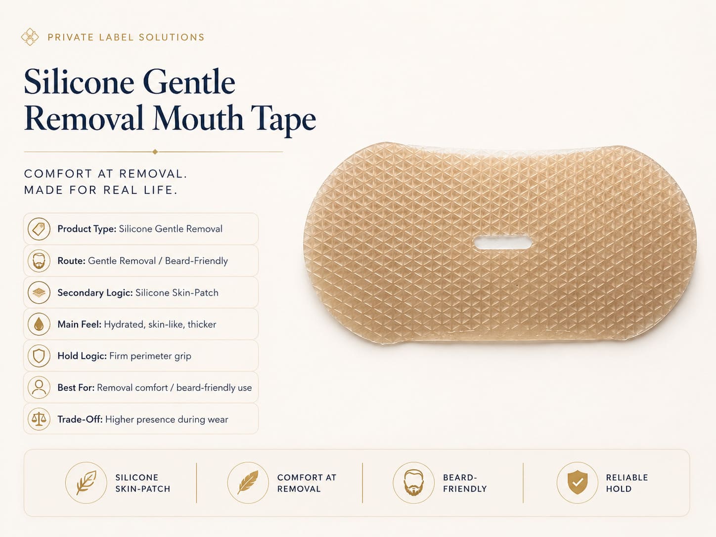 Silicone gentle removal mouth tape product snapshot showing silicone skin-patch route, comfort at removal, beard-friendly use, hydrated release feel, and reliable hold