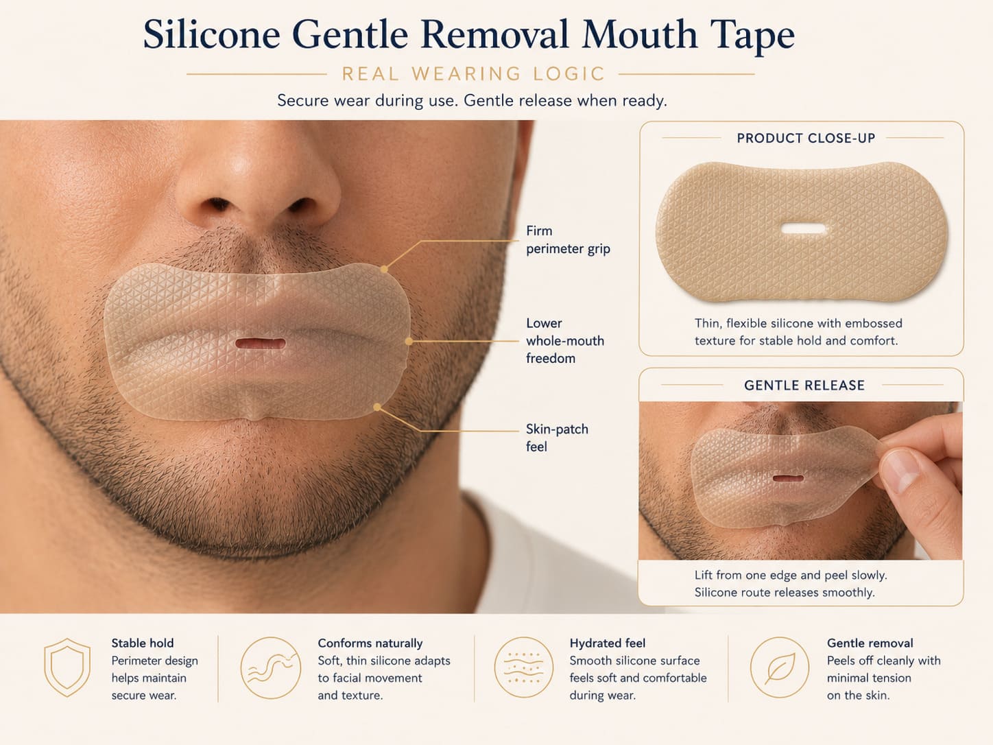 Silicone gentle removal mouth tape wearing logic showing firm perimeter grip, lower whole-mouth freedom, skin-patch feel, and gentle release