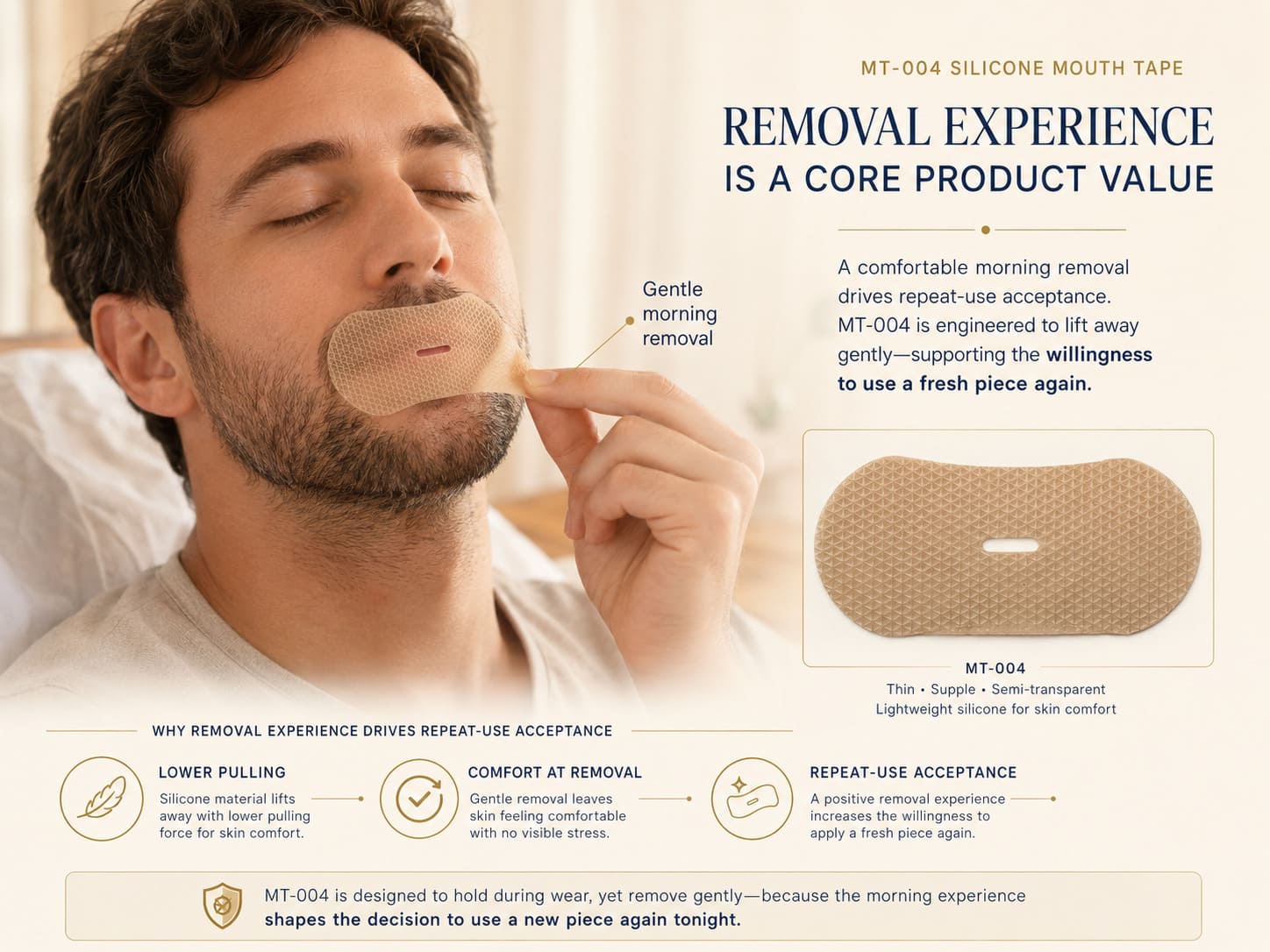 Silicone gentle removal mouth tape showing why removal experience is a core product value for lower pulling, comfort at removal, and repeat-use acceptance
