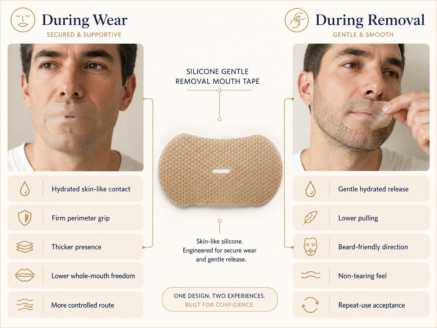 Silicone gentle removal mouth tape wear versus removal logic showing hydrated skin-like contact, firm perimeter grip, thicker presence, gentle release, lower pulling, and beard-friendly direction