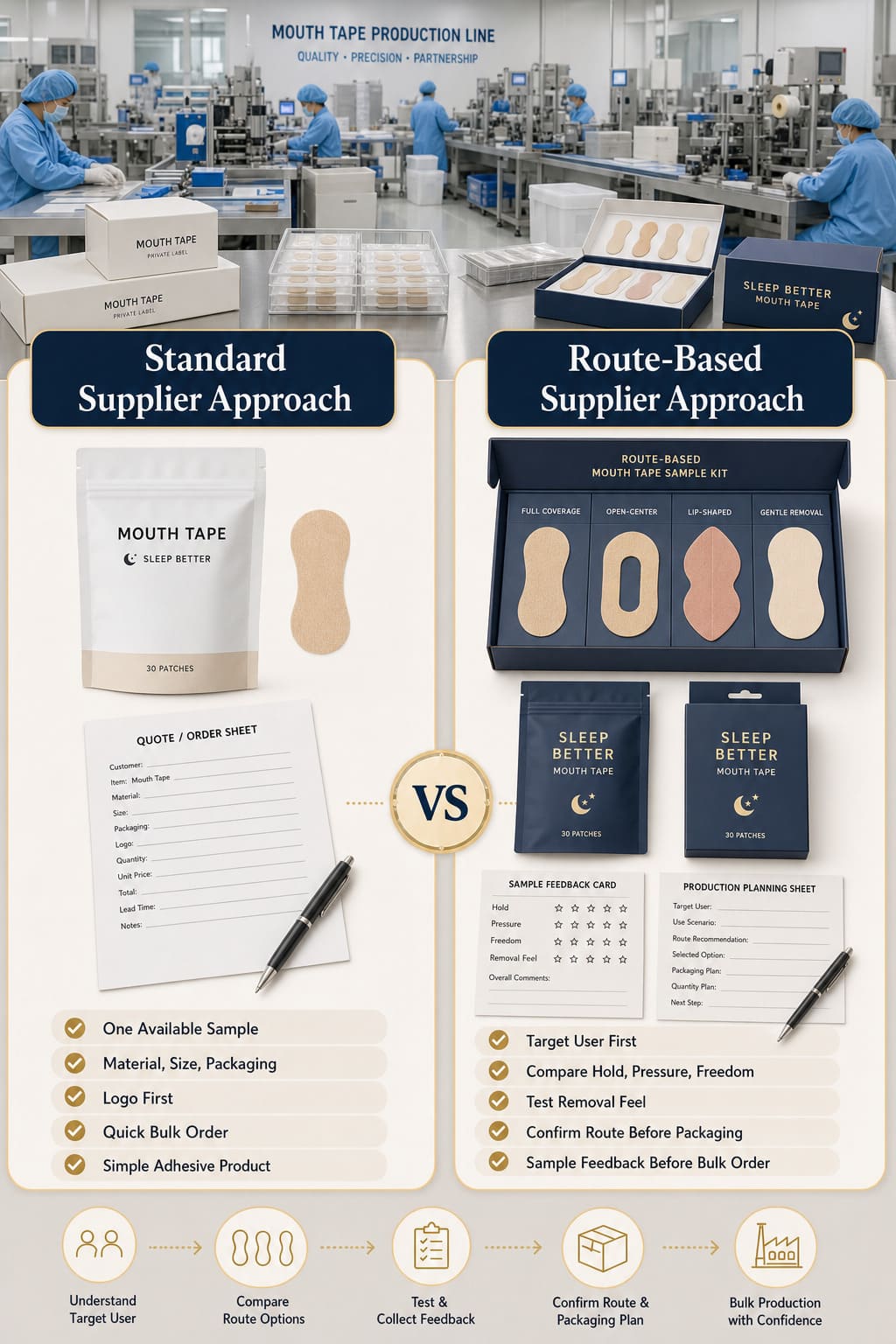 Standard supplier versus route-based mouth tape supplier comparison showing sample selection, user-fit testing, packaging confirmation, and production support